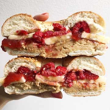 Peanut Butter and Fresh Fruit Jam on a Bagel Made with Smartfruit